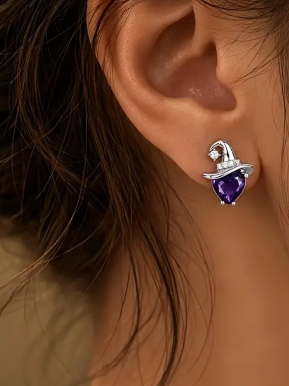 Purple Heart Crystal Stud Witch Hat Earrings